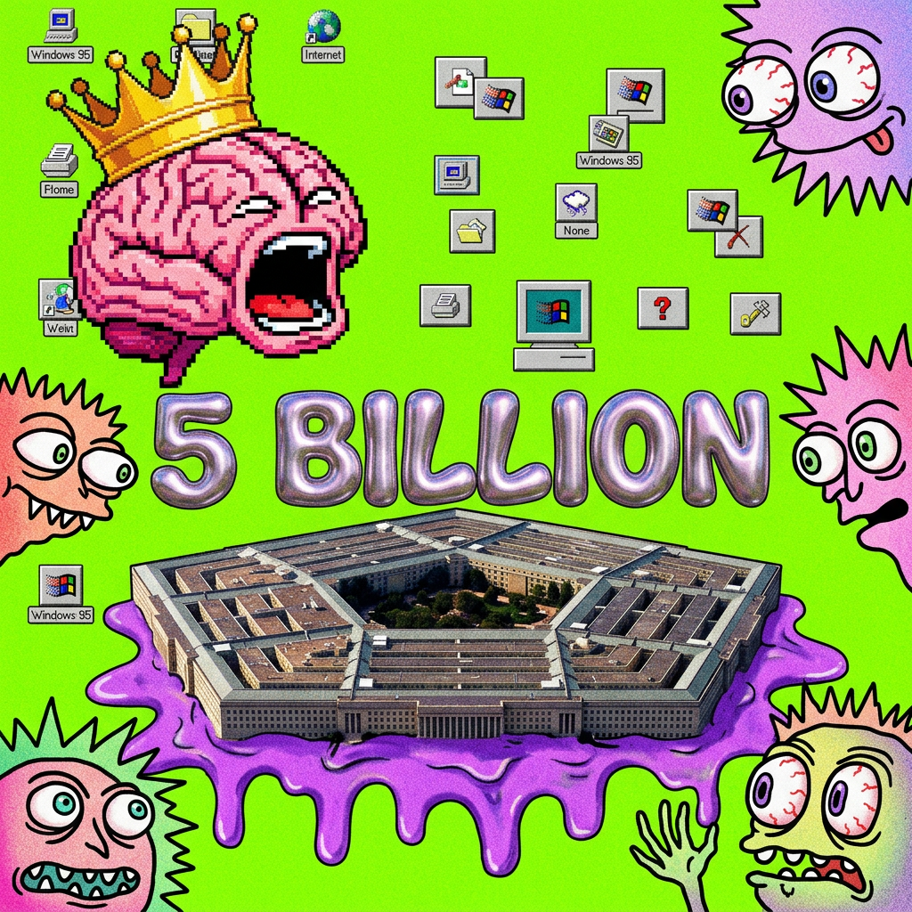 Vivid neon green background with pixelated 90s clip art of a screaming brain wearing a golden crown. Floating 3D '5 BILLION' text in metallic bubble letters. Low-resolution windows 95 desktop icons floating around a stylized Pentagon building that is melting into purple slime. Retro-internet aesthetic, grainy texture, oversaturated colors, lo-fi collage style, weird characters with bulging eyes and jagged outlines.