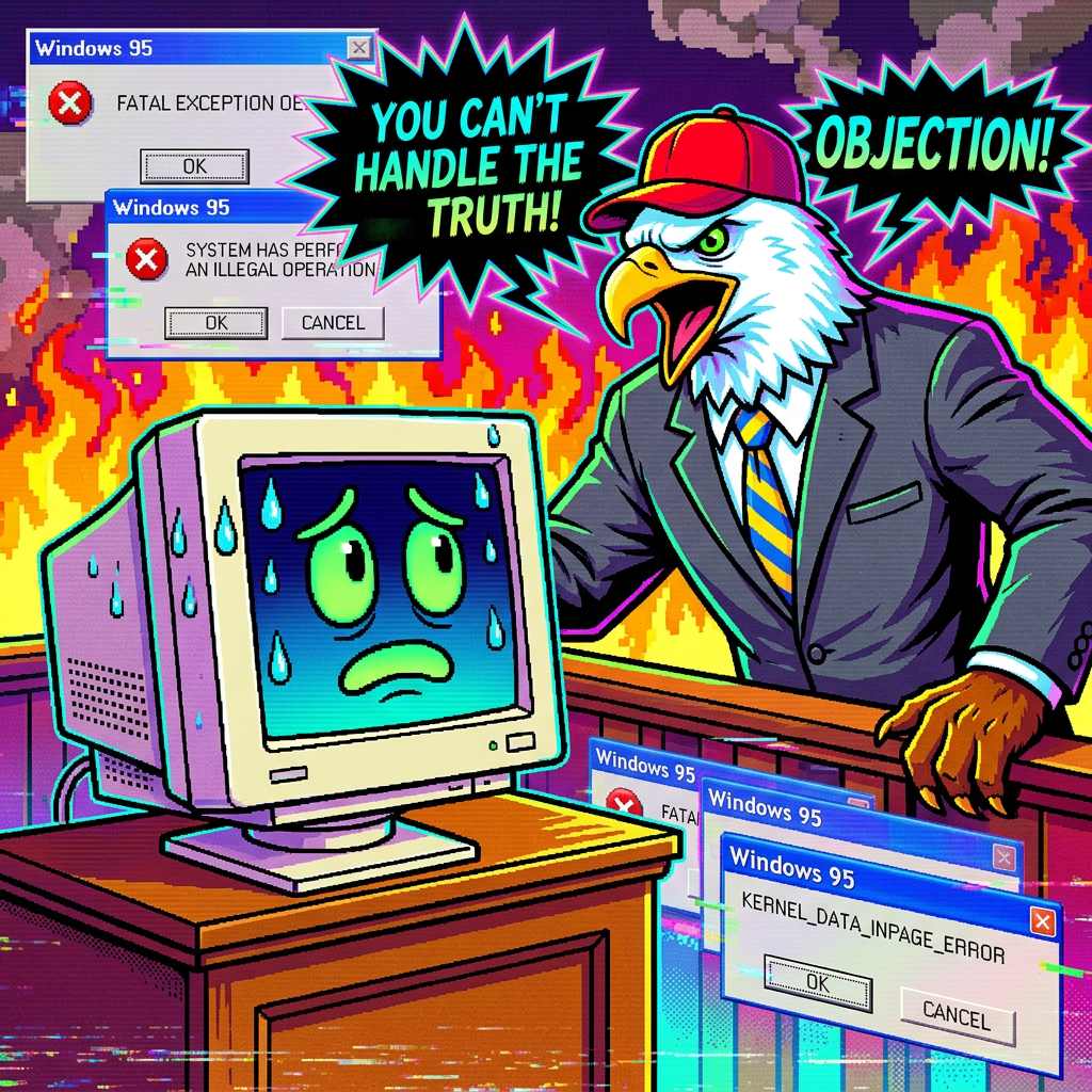Lurid neon clip art of a sweating beige 1998 PC monitor sitting in a witness stand, a giant bald eagle wearing a business suit and a red cap shouting at the monitor, pixelated fire in the background, lo-fi internet meme aesthetic, Windows 95 error popups floating in the air, high-contrast Y2K vaporwave colors, distorted VHS textures, jagged edges, 256-color palette dithering.